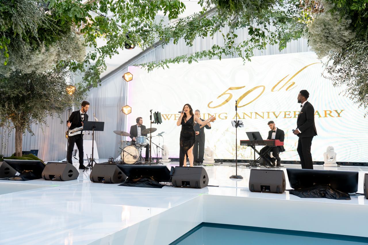 Sunny Jazz Band performing at a 50th wedding anniversary at the Beverly Hilton in Los Angeles