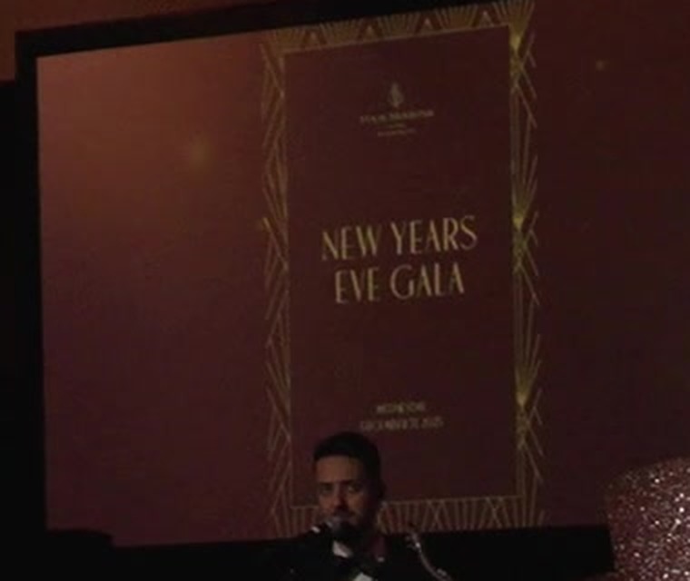 Art Deco New Year's Eve Gala flyer on the LED screen at the Four Seasons Silicon Valley